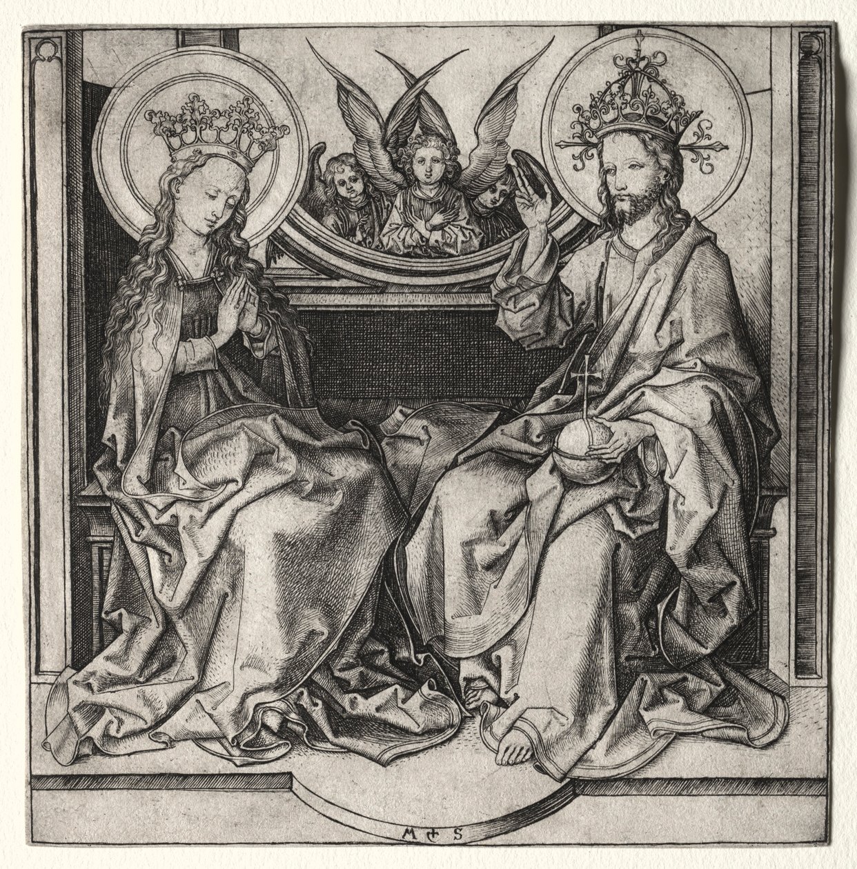 Isä Jumala ja Siunattu Neitsyt valtaistuimella Enkelit osallistuvat, n. 1480-90. tekijältä Martin Schongauer