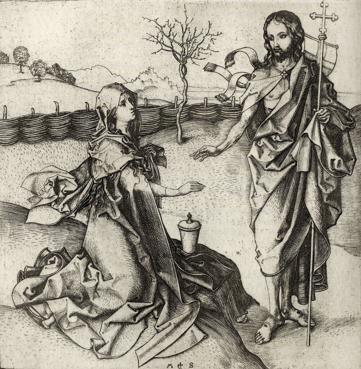 Vapahtajamme ilmestyy Maria Magdalenalle puutarhassa, Richard Fisherin teoksesta "Kaiverrus-, etsaus- ja puupiirroskokoelman luettelo", julkaistu 1879 tekijältä Martin Schongauer