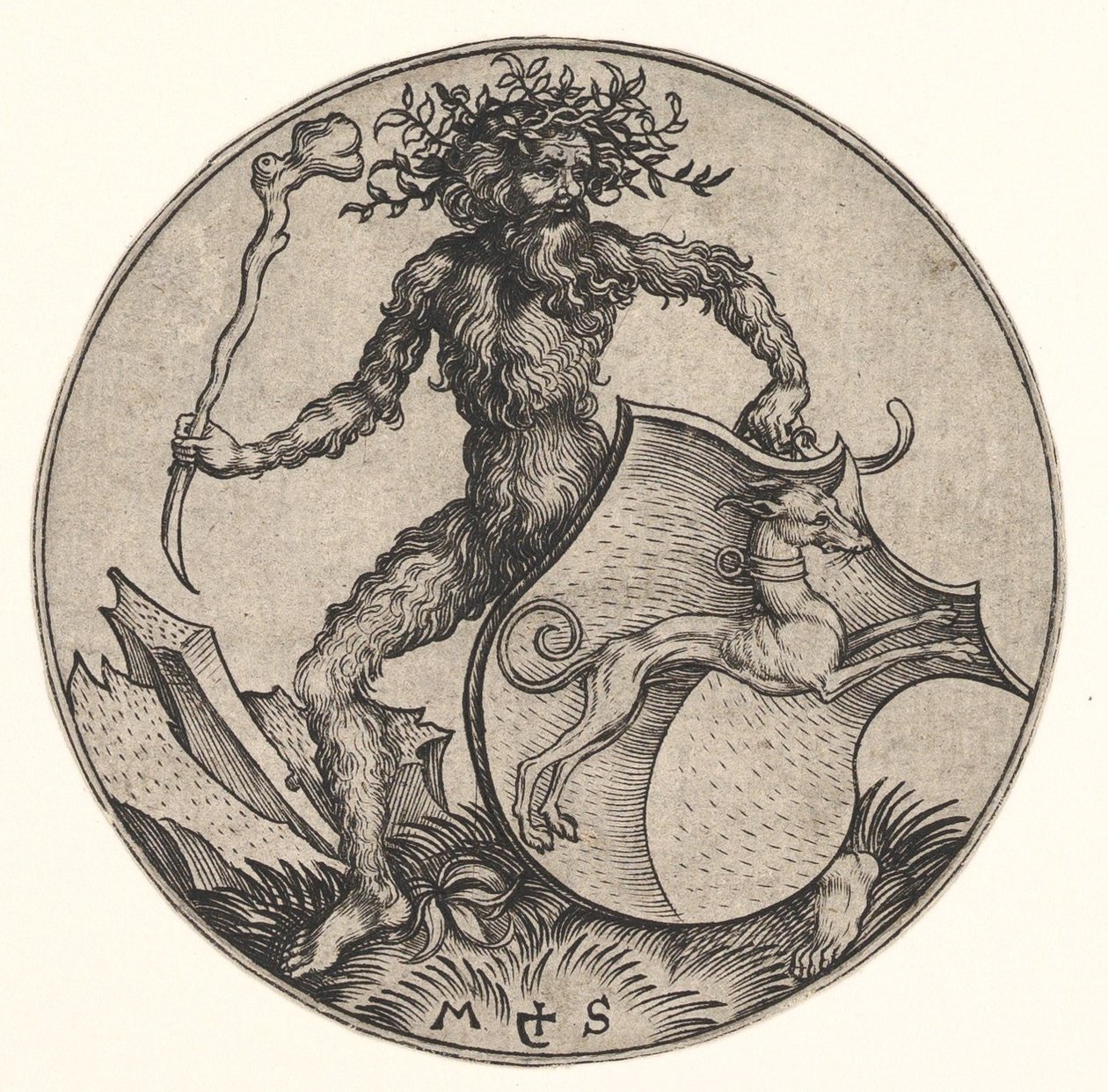 Kilpi vinttikoiran kanssa Held by Wild Man, n. 1435-1491. tekijältä Martin Schongauer