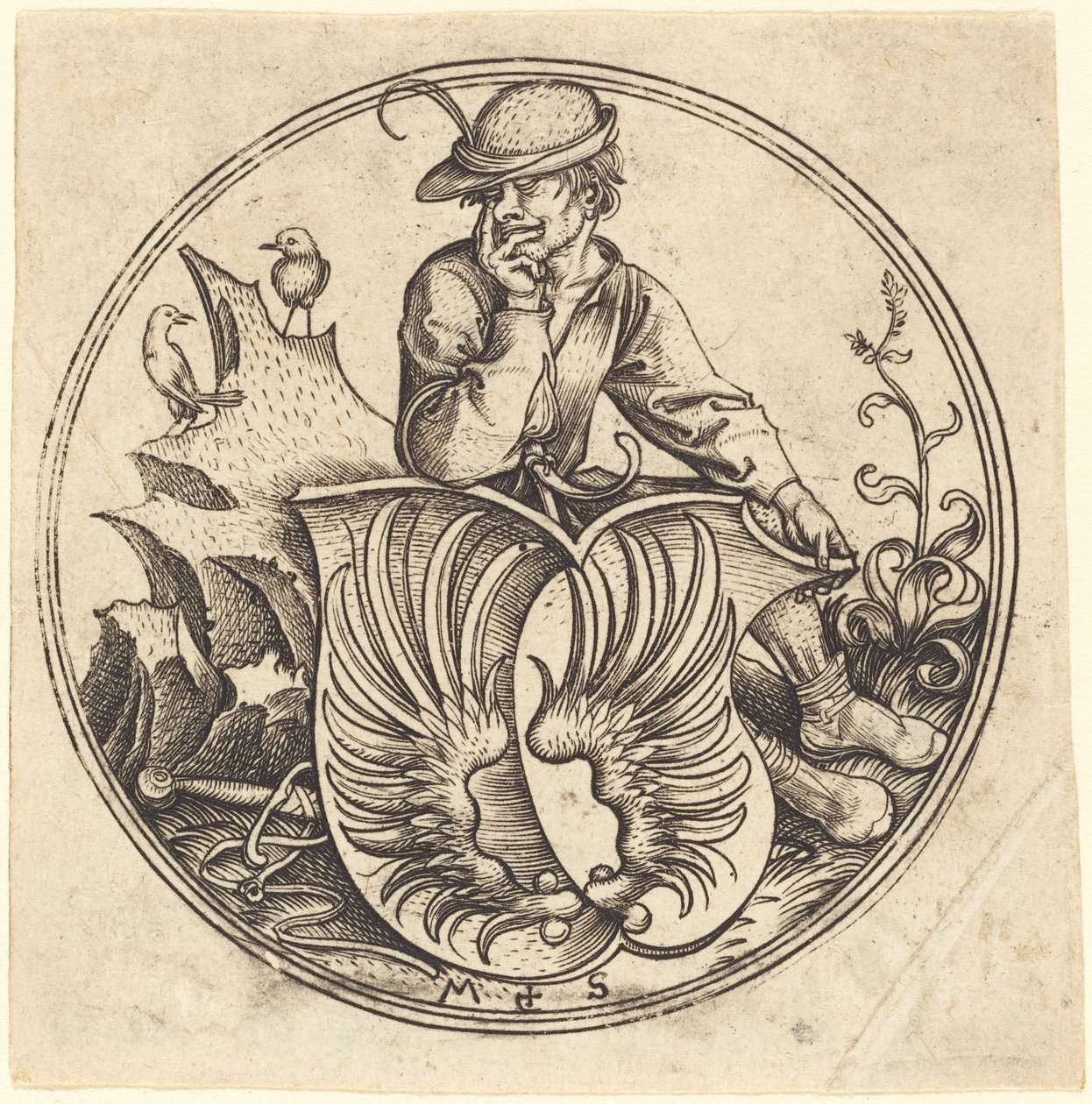 Kilpi siipillä, hallussaan Peasant tekijältä Martin Schongauer