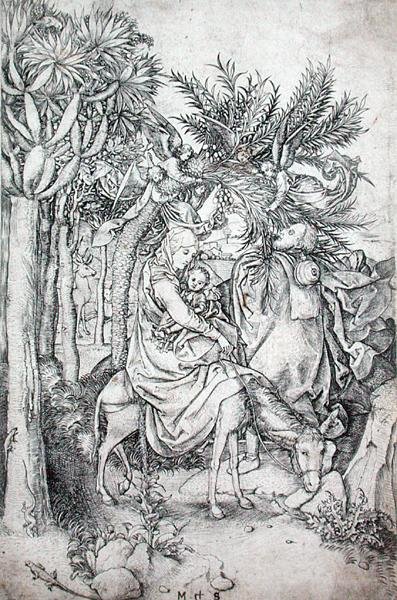 Lento Egyptiin, n. 1470-80 (kaiverrus) tekijältä Martin Schongauer
