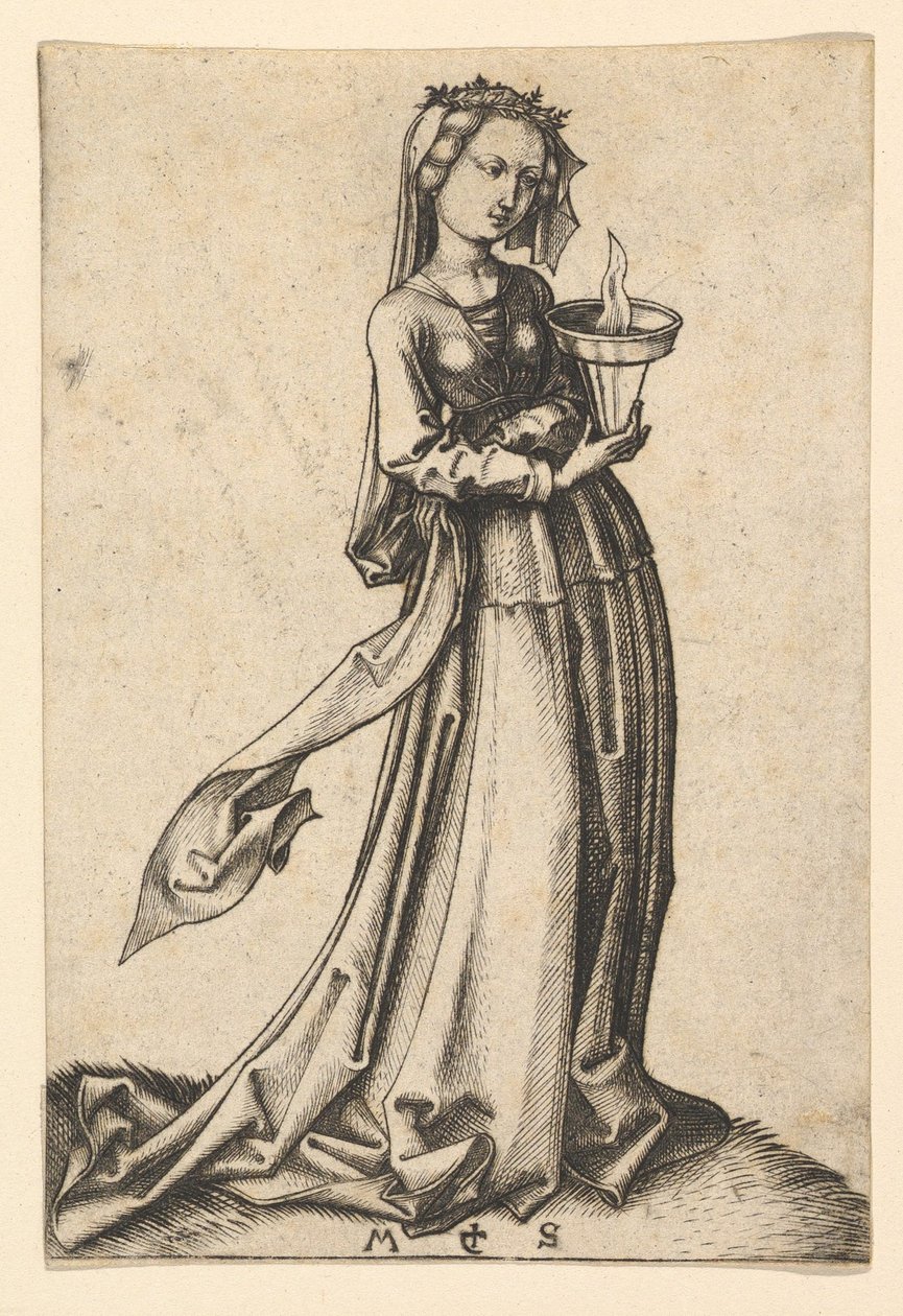 Neljäs viisas neitsyt, sarjasta The Wise and Foolish Virgins, n. 1435-1491. tekijältä Martin Schongauer