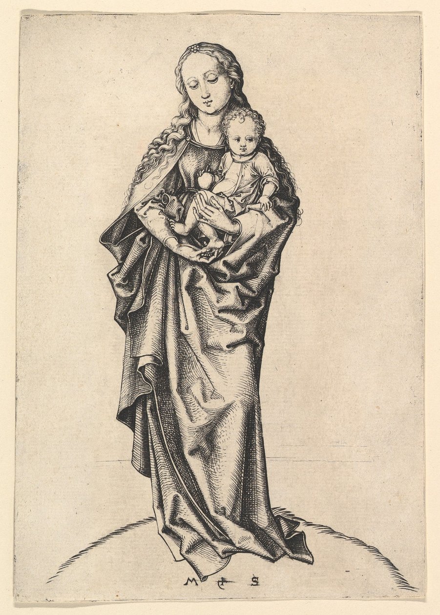Neitsyt ja lapsi omenan kanssa, n. 1475. tekijältä Martin Schongauer