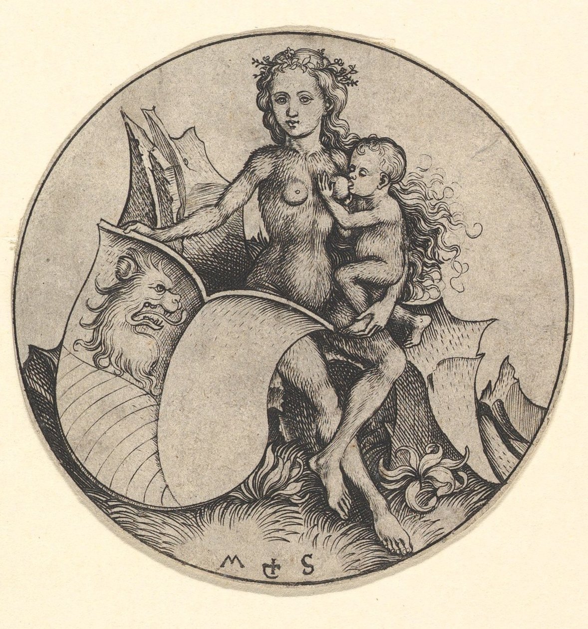 Villi nainen pitelee kilpeä lionspäällä, n. 1435-1491. tekijältä Martin Schongauer