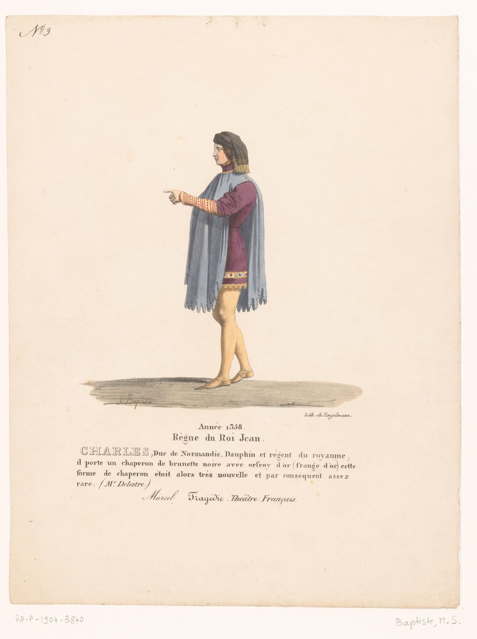 Kostuum van de dauphin Karel van Valois uit de tragedie Marcel Charles, Normandian herttua (otsikko esineessä) Theaterkostuums (sarjan nimi) Ranskalainen teatteri: MM:n pukukokoelma. J. Alaux ja L. Duponchel käsikirjoituksista Bibliotissa tekijältä Martin Sylvestre Baptiste