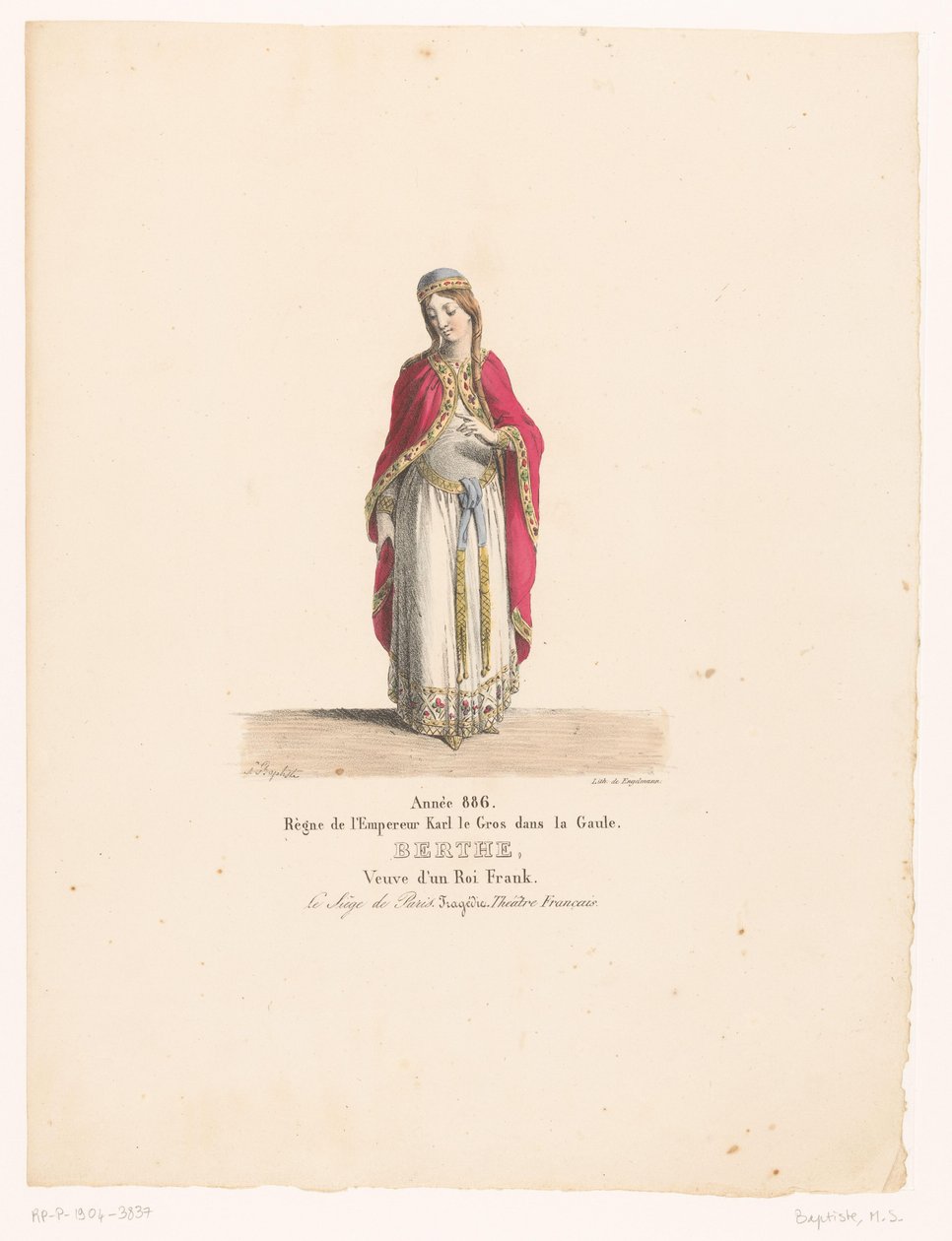 Kostuum van koningin Berthe uit de tragedie The Siege of Paris Berthe (otsikko esineessä) Theaterkostuums (sarjan nimi) Ranskalainen teatteri: MM:n pukukokoelma. J. Alaux ja L. Duponchel Bibliothèque de la Comédie -kirjaston käsikirjoituspiirrosten peruste tekijältä Martin Sylvestre Baptiste