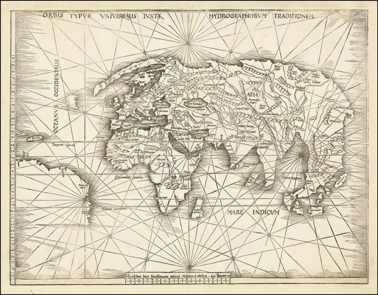 Kartta vuodelta 1513 - Orbis Typus Universalis Iuxta Hydrographorum Traditionem (Orbis Typus Universalis Iuxta Hydrographorum Traditionem). tekijältä Martin Waldseemuller