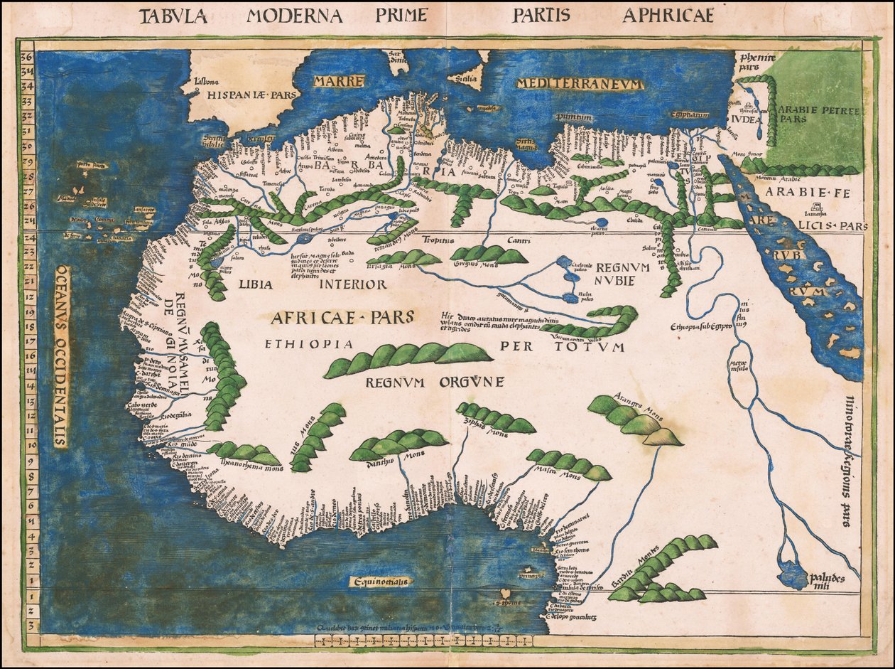 Martin Waldseemüllerin laatima Pohjois- ja Länsi-Afrikan kartta vuodelta 1513. tekijältä Martin Waldseemuller