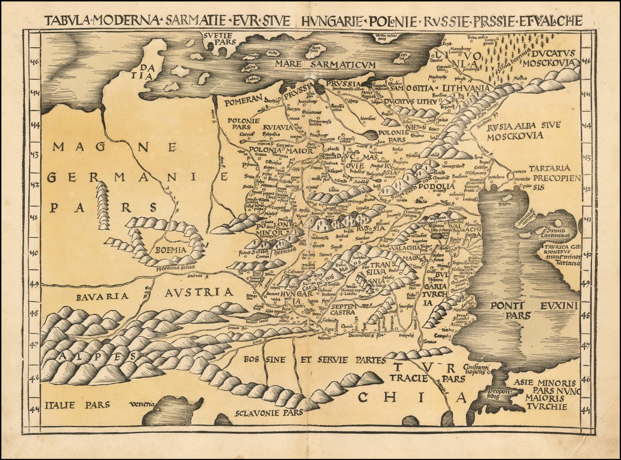 Martin Waldseemüllerin laatima Puolan, Baltian, Unkarin ja Itä-Euroopan kartta vuodelta 1513. tekijältä Martin Waldseemuller