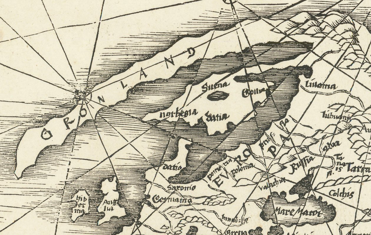Pohjanmeren kartta vuodelta 1513, jossa Grönlanti on yhteydessä Skandinaviaan. tekijältä Martin Waldseemuller