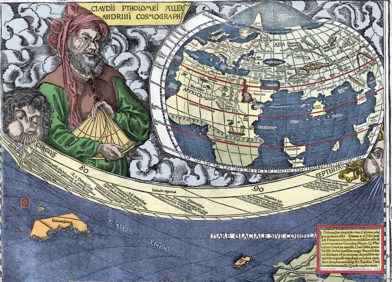 Ptolemeus (Claudius Ptolemaeus 90-168) - Claudius Ptolemaios "" Waldseemuller -kartassa tai universaalissa kosmografiassa - (Universal Cosmography) - Waldseemuller Planisphere - 1507 - tekijältä Martin Waldseemuller
