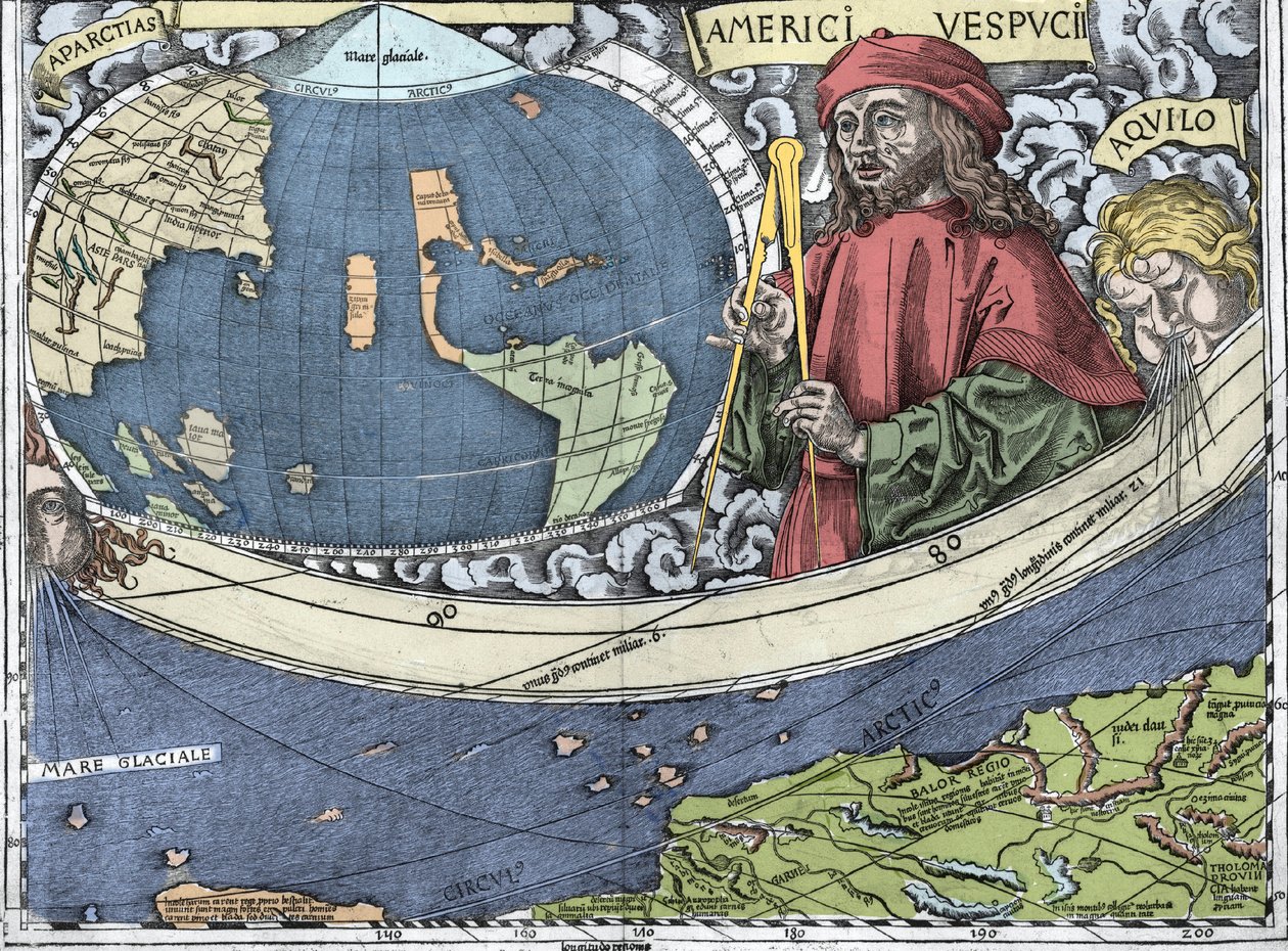 VESPUCCI, Amerigo (1454-1512). Italialainen tutkimusmatkailija ja kartografia "Waldseemuller-kartassa tai Universalis Cosmographia - (Universal Cosmography) - Waldseemuller Planisphere" - 1507 - tekijältä Martin Waldseemuller