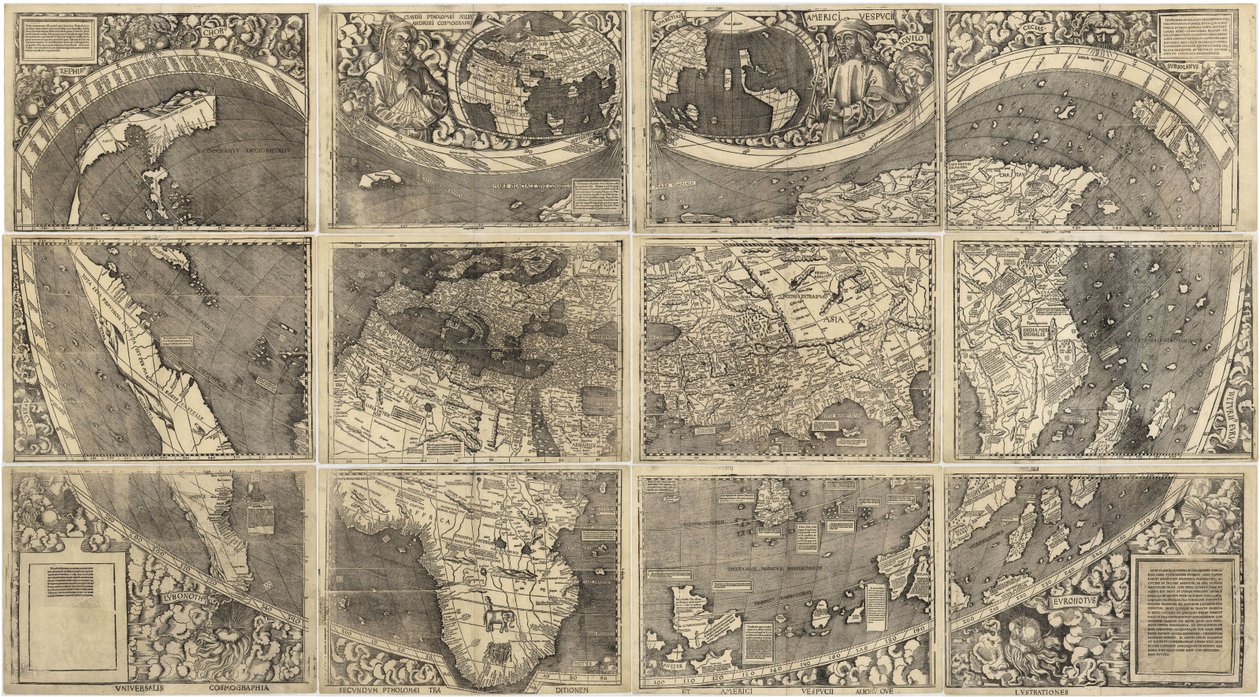 Maailmankartta Universalis Cosmographia, 1507 tekijältä Martin Waldseemuller