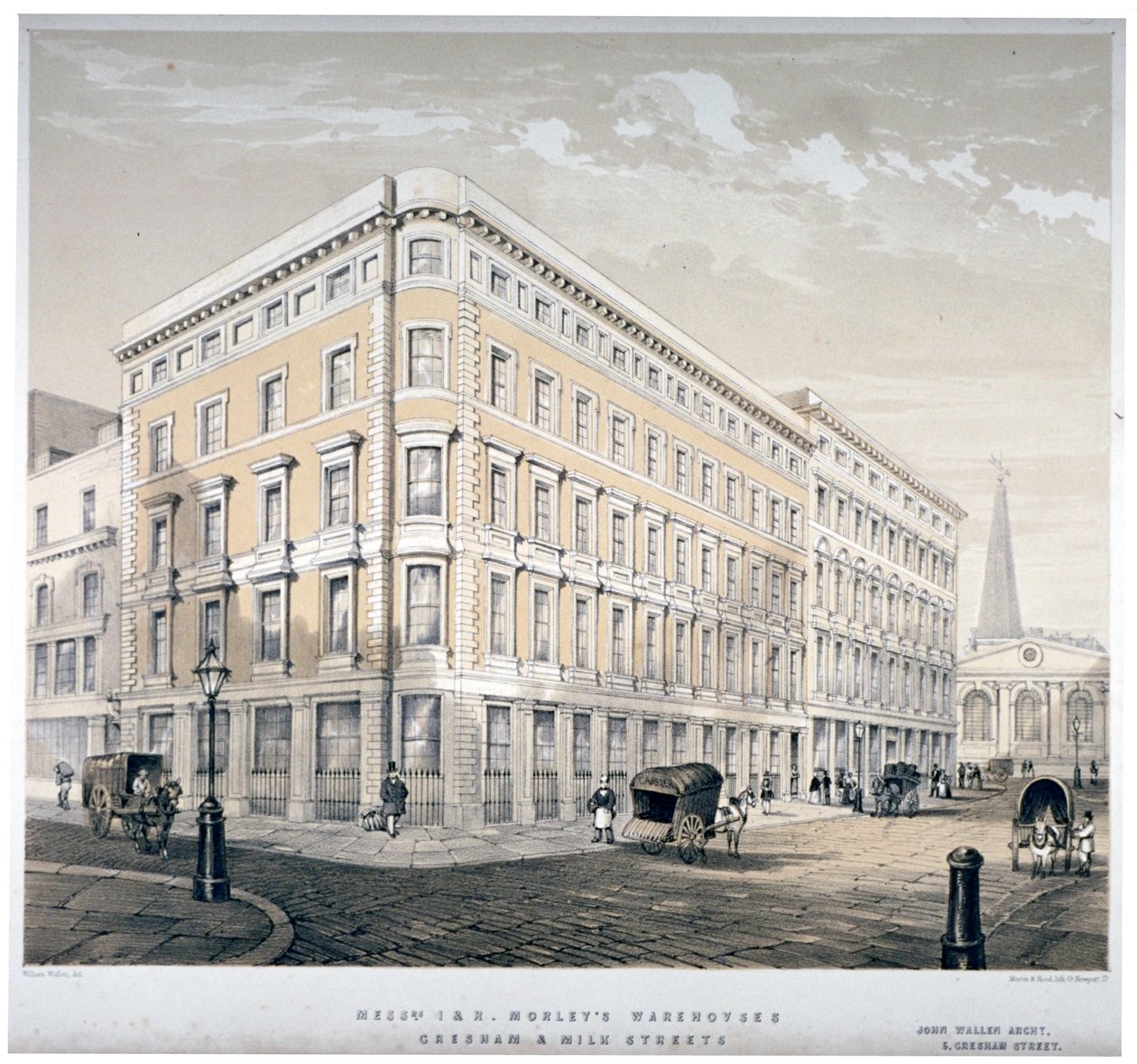 Herra J&R Morleyn varastot, Milk Streetin ja Gresham Streetin kulma, Lontoo, c1840 tekijältä Martin and Hood