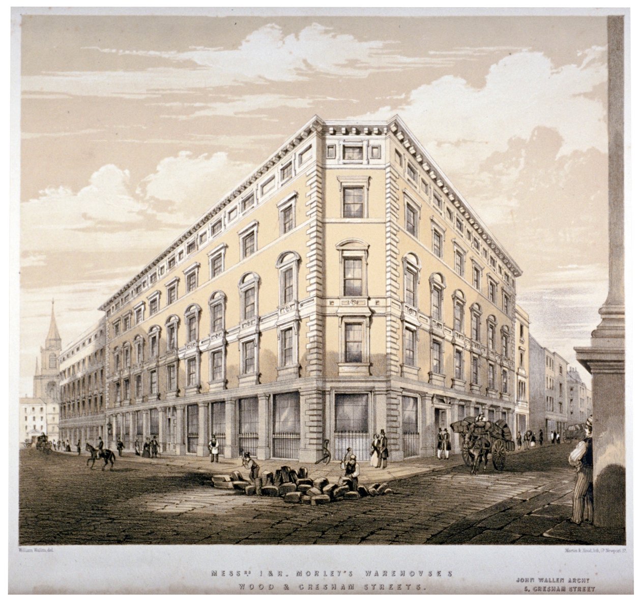 Els magatzems dels Srs J&R Morley, cantonada de Wood Street i Gresham Street, Londres, c1840. finlandès tekijältä Martin and Hood