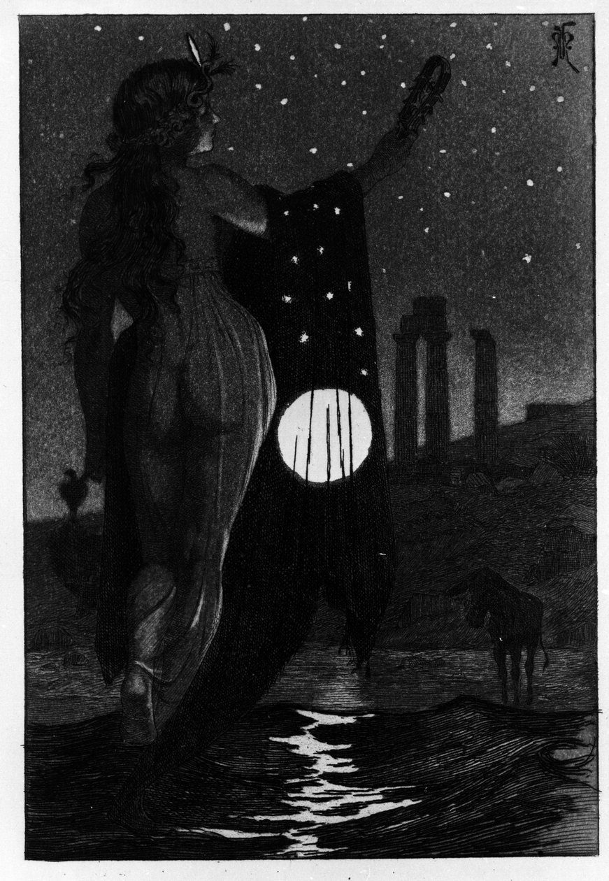 Photis muutti Luciuksen vahingossa aasiksi Les Metamorphoses (Golden Donkey tai Asinus aureus), romaani, jonka kirjoitti Apulee (Lucius Apuleius) (noin 125-noin 180) 2. vuosisadalla. Martin Van Maelen etsaus vesi tekijältä Martin van Maele