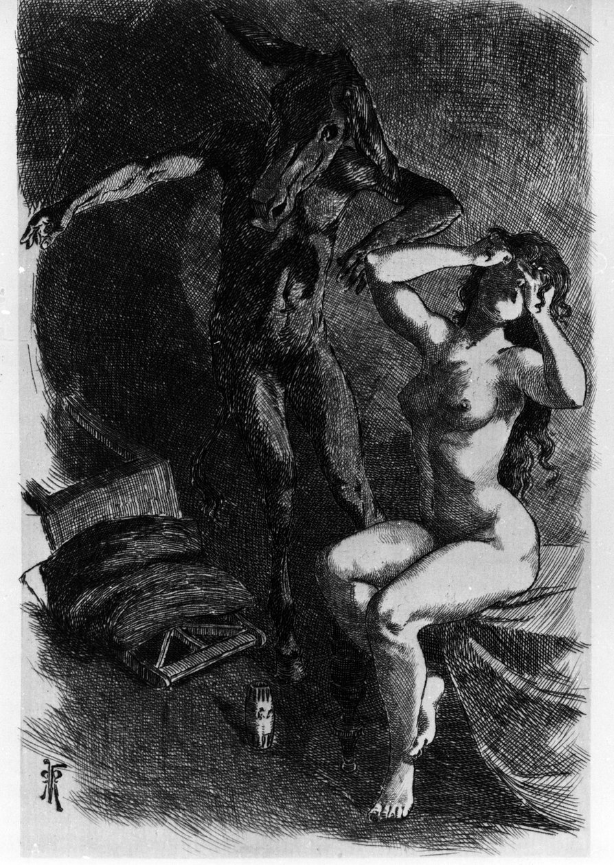 Photis muutti Luciuksen vahingossa aasiksi Les Metamorphoses (Golden Donkey tai Asinus aureus), romaani, jonka kirjoitti Apulee (Lucius Apuleius) (noin 125-noin 180) 2. vuosisadalla. Martin Van Maelen etsaus vesi tekijältä Martin van Maele