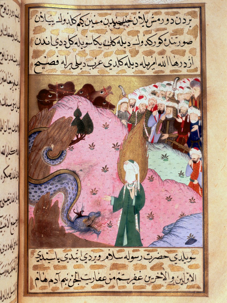 Muhammad, edustaa piilotettuja kasvoja, kesyttää pienoiskäärmeen "Siyer-i Nebi" (Siyer i Nebi) eeppisessä runossa, jossa kerrotaan profeetta Muhammadin elämästä, jonka on kirjoittanut Mustafa, Yusuf d