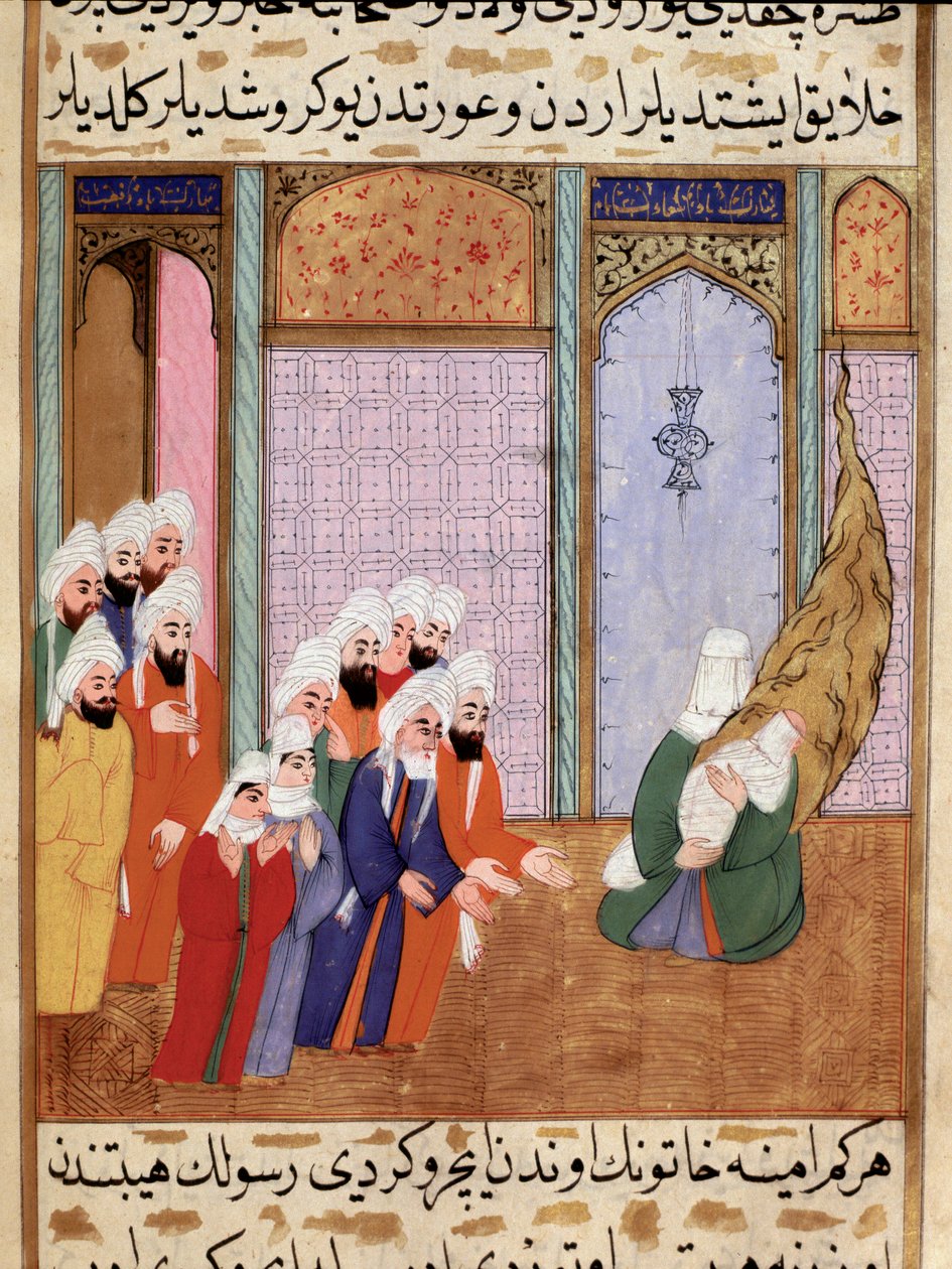 Profeetta Muhammedin äiti näyttää uuden lapsensa vain isoisälleen (isoisälleen) Abd al-Muttalibille (tai al Muttalibille) Miniatyyri, joka on otettu "Siyer-i Nebistä"" (Siyer i Nebi) eeppinen runo profeetta Muhammedin elämästä kirjoittanut Mustafa, poika tekijältä Martino Bassi