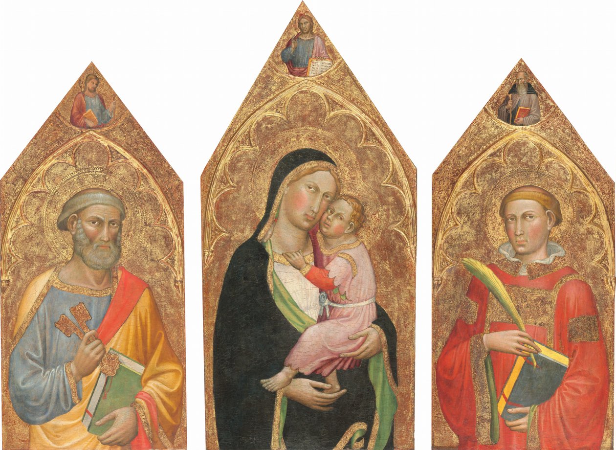 Madonna ja lapsi siunauksen Kristuksen kanssa ja pyhät Pietari, James Major, Anthony Abbott ja diakonipyhä [koko triptyykki] tekijältä Martino di Bartolomeo