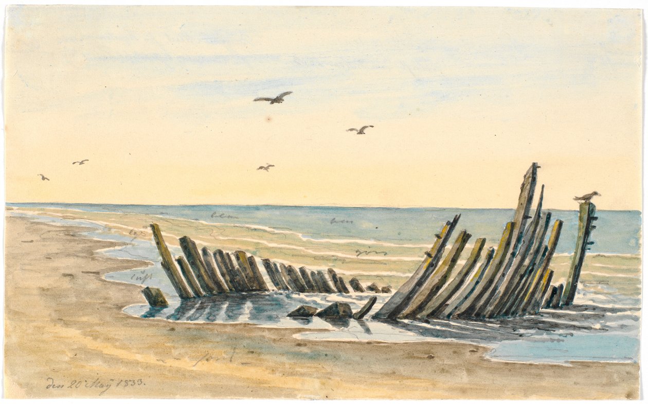 Hylky Nordstrandenin rannalla, upposi 9. toukokuuta 1832 tekijältä Martinus Rørbye