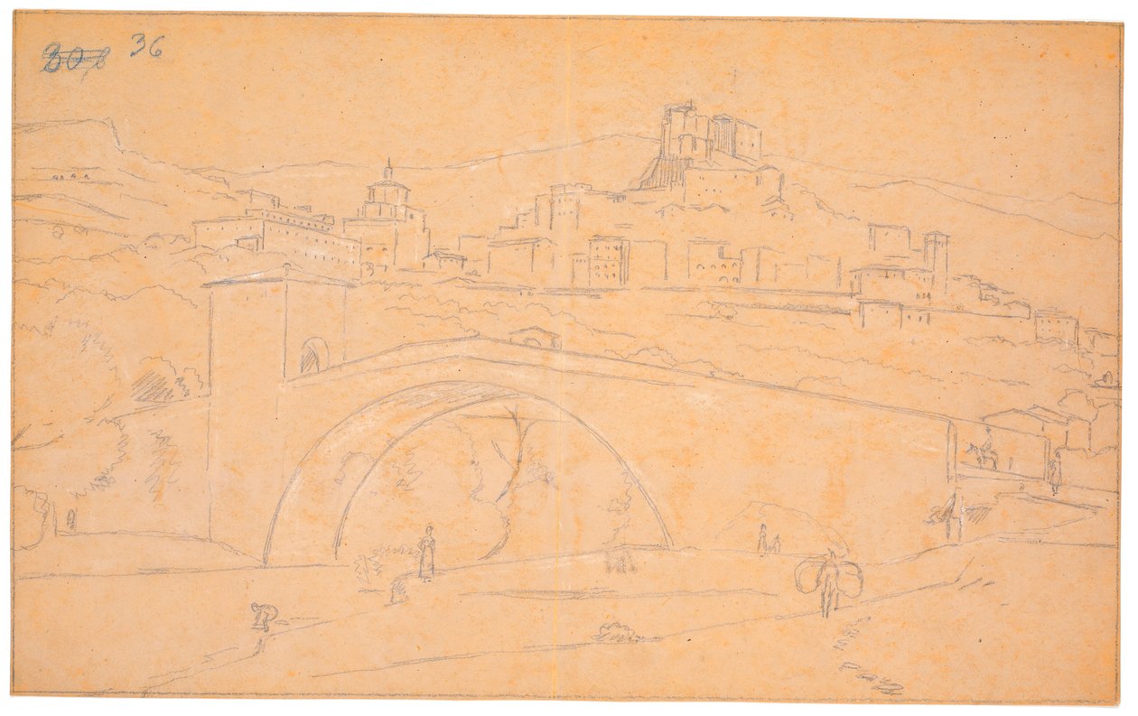 Paisatge italià amb un pont sobre un riu i el poble de Subiaco al fons tekijältä Martinus Rørbye
