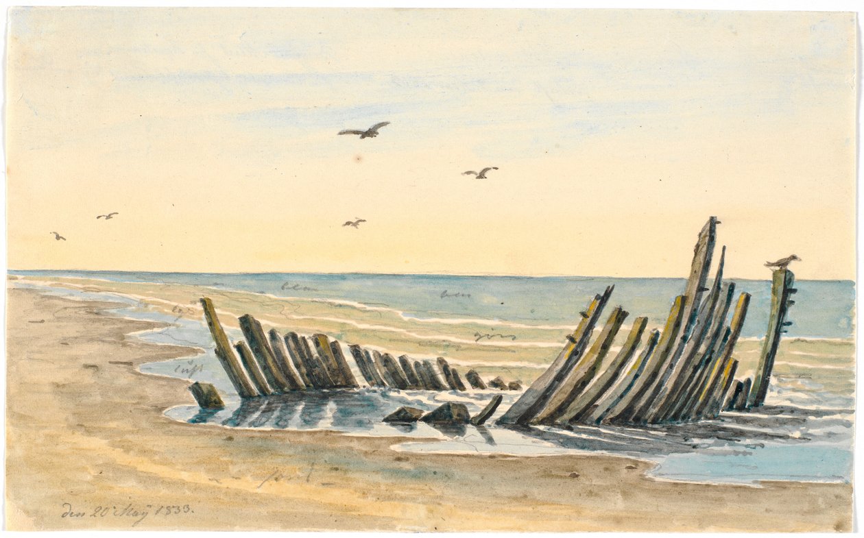 Hylky Nordstrandenin rannalla, upposi 9. toukokuuta 1832 tekijältä Martinus Rørbye