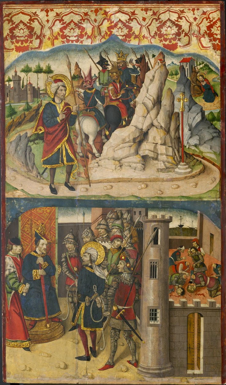 Pyhä Kristofer tapaa Saatanan, Pyhä Kristofer Lykian kuninkaan edessä, 1480-85 tekijältä Martín de Soria