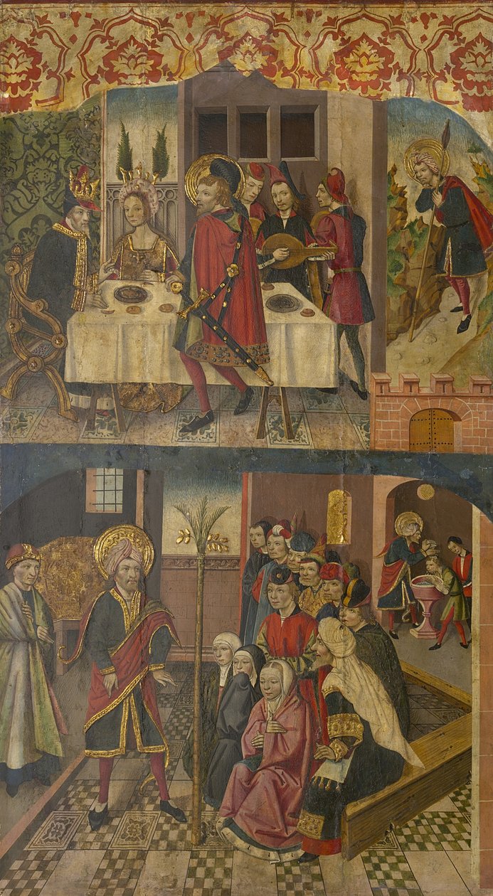 Pyhä Kristofer jättämässä kuninkaan, joka pelkäsi Saatanaa, pyhä Christopher ja hänen käännynnäisiä, 1480-85 tekijältä Martín de Soria