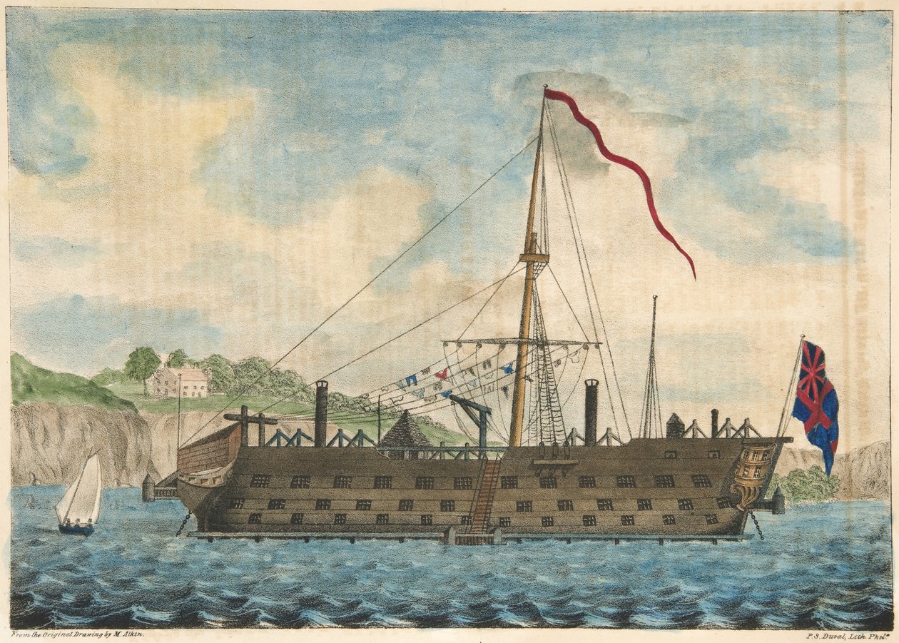 Vankilaiva Saratoga Dartmouthin edustalla, pubi. 1840 (käsinvärinen kaiverrus) tekijältä Martyn after Alken