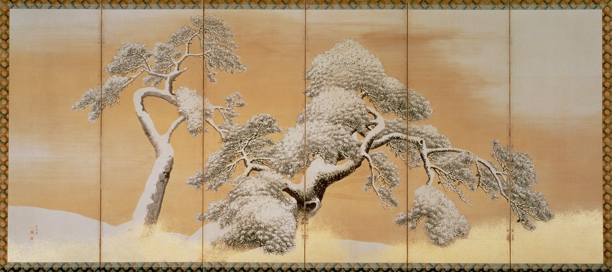 Pines Under Snow (kynä ja muste, väri, kultainen paperi paneelissa) (katso 216567) tekijältä Maruyama Okyo