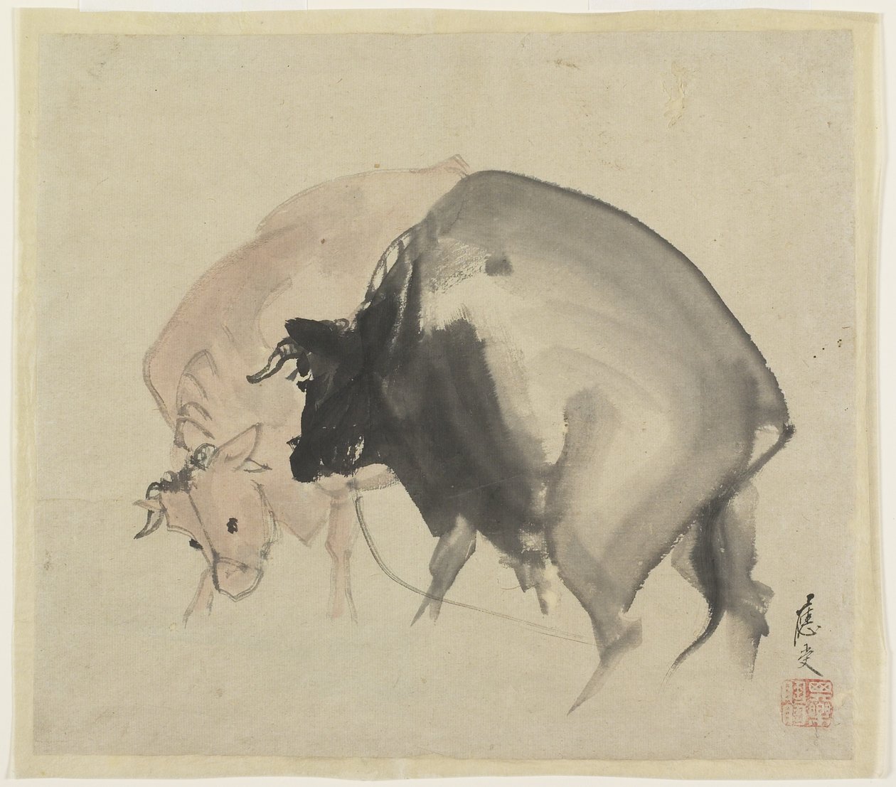 Two Bulls, n. 1810 (muste ja värit paperille) tekijältä Maruyama Oju