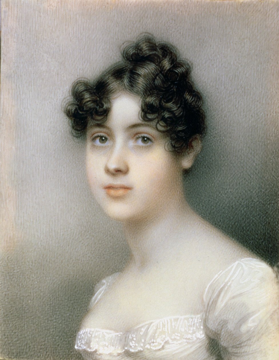 Muotokuva miniatyyri tytöstä valkoisessa mekossa, n. 1815 tekijältä Mary Ann Knight