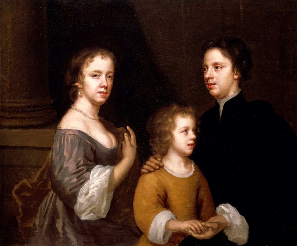Omakuva aviomiehen, Charlesin ja pojan Bartholomew kanssa, n. 1659-60 tekijältä Mary Beale