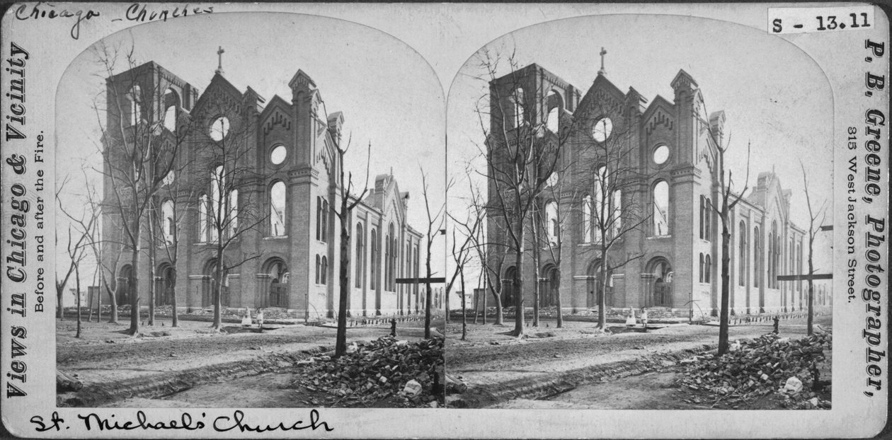 Stereografia St. Michaels -kirkosta Chicagon palon jälkeen 1871, 1871 (bw-kuva korttitelineessä) tekijältä Mary C. Greene