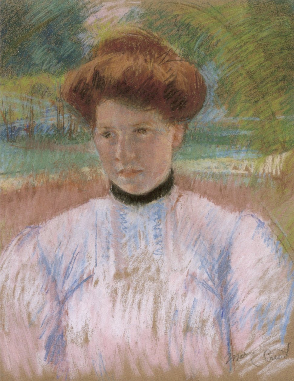 Nuori nainen punaruskeilla hiuksilla vaaleanpunaisessa puserossa tekijältä Mary Cassatt
