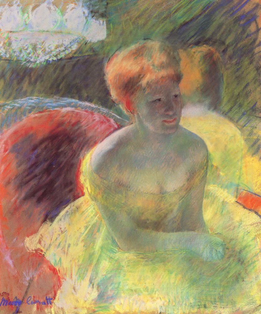 Lydia nojaa käsivarteensa teatterilaatikossa tekijältä Mary Cassatt