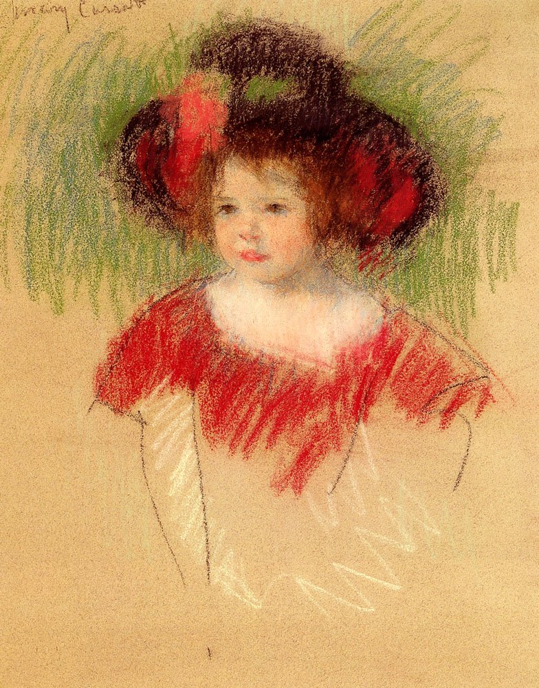 Margot Big Bonnettissa ja punaisessa mekossa tekijältä Mary Cassatt
