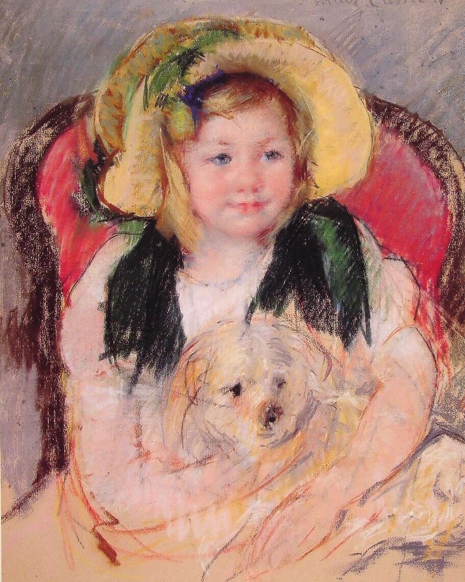 Sara koiran kanssa nojatuolissa tekijältä Mary Cassatt