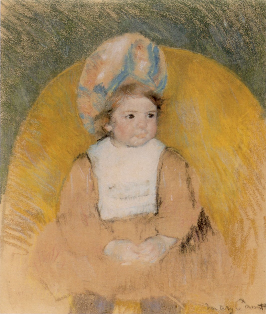 Nuori tyttö istuu keltaisessa nojatuolissa tekijältä Mary Cassatt