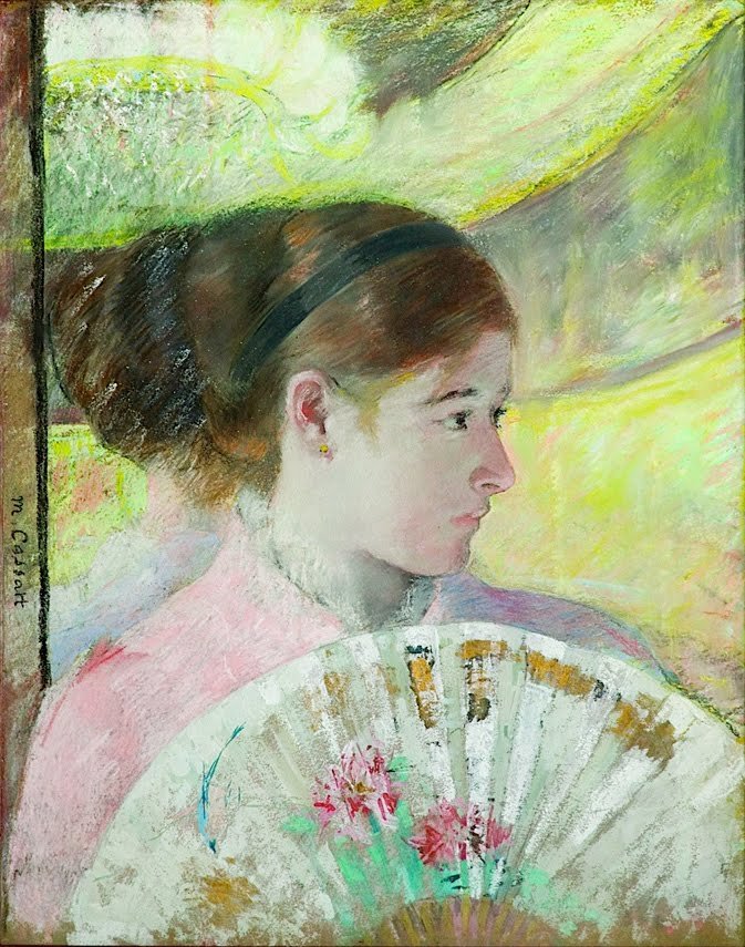 Nuori nainen Logessa katsellen oikealle tekijältä Mary Cassatt