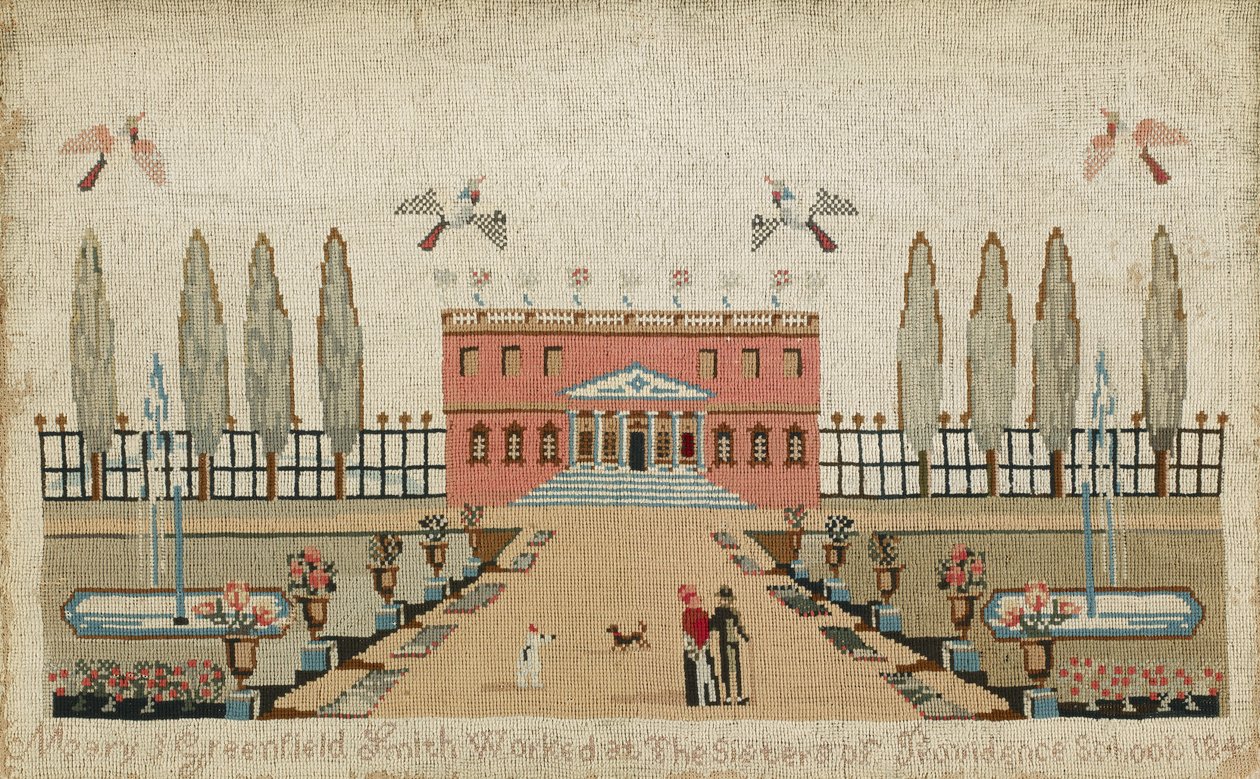 Villatyökuva, c. 1843 (villaa ja silkkiä pellavalle) tekijältä Mary J. Greenfield Smith