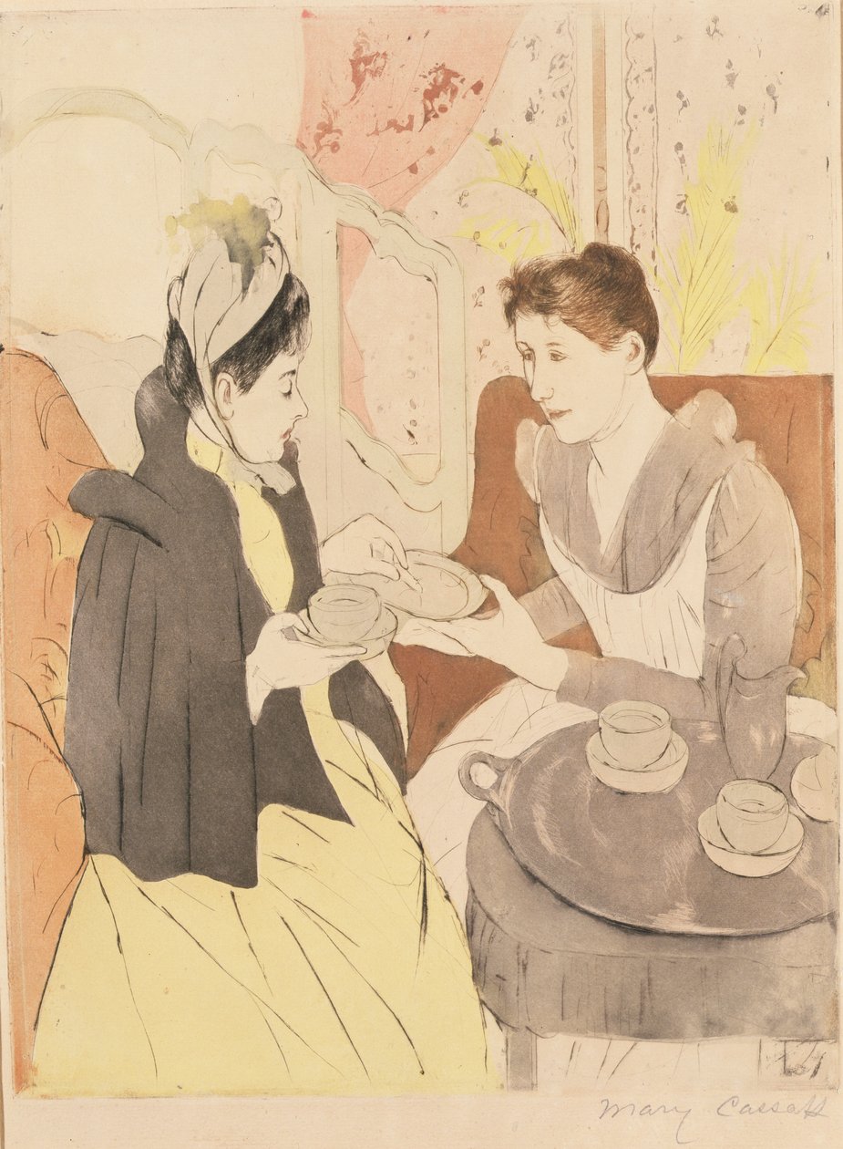 Iltapäiväteekutsut, 1891 (kuivakärki ja akvatinta kudottupaperilla) tekijältä Mary Cassatt
