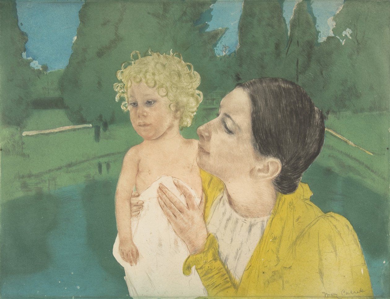 Lammen rannalla, n. 1896 (kuivakärki- ja akvatintaprintti) tekijältä Mary Cassatt
