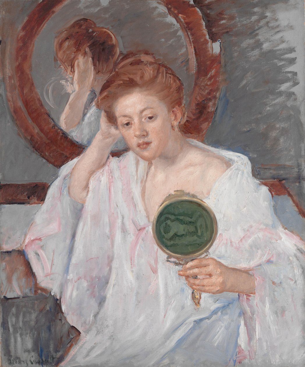 Denise pukeutumispöydässä, n. 1908-9 tekijältä Mary Cassatt