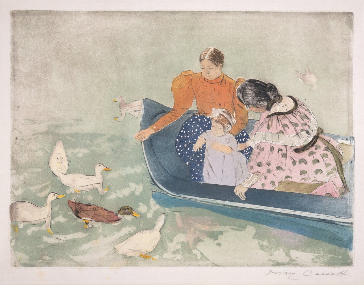 Feeding the Ducks, 1895 (kuivapiste ja akvatinta paperilla) tekijältä Mary Cassatt