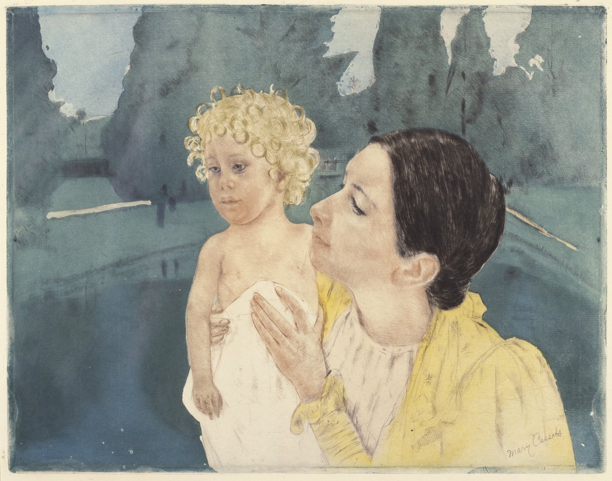 Äiti ja lapsi uima-altaan edessä, 1898 (kuivakärki ja akvatinta paperille) tekijältä Mary Cassatt