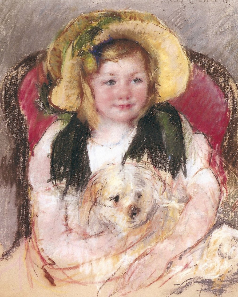 Sara koiransa kanssa nojatuolissa, 1901 tekijältä Mary Cassatt