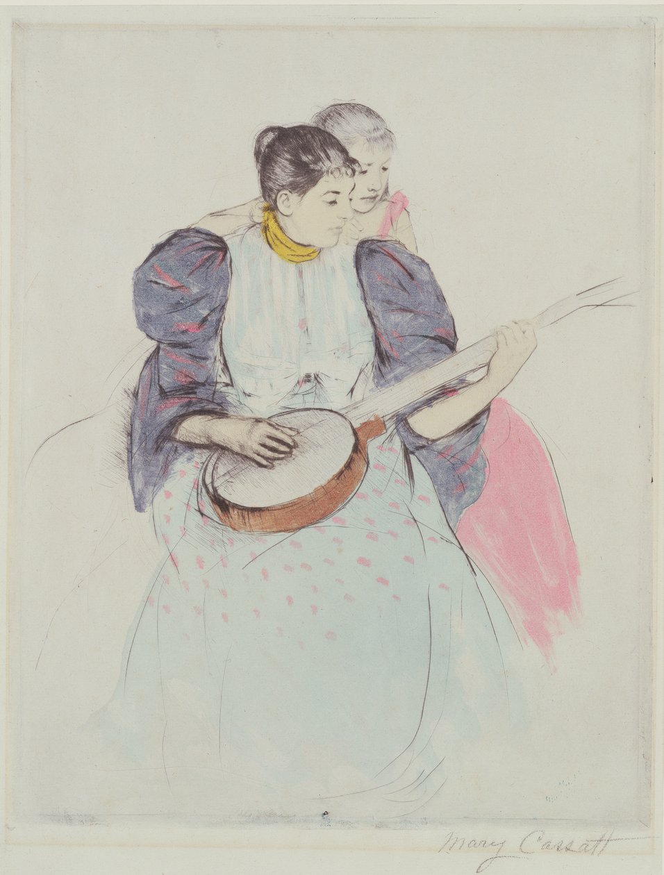 The Banjo Lesson, 1893 (Kipsipiirto, pehmeäpohja ja akvatintta paperille) tekijältä Mary Cassatt
