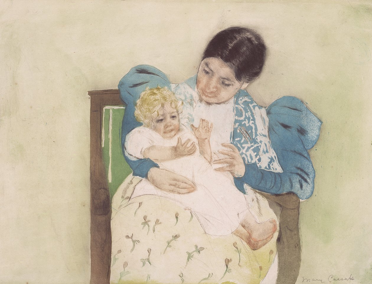 Paljasjalkainen lapsi, n. 1896 (väreissä kuivakärki ja akvatinta) tekijältä Mary Cassatt